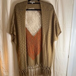 Umgee Tan Knit Open-Front Cardigan with Orange Accent and Fringe